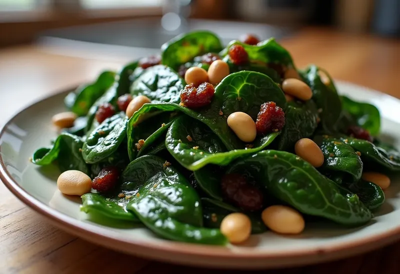 Épinards sautés aux raisins secs et pignons de pin
