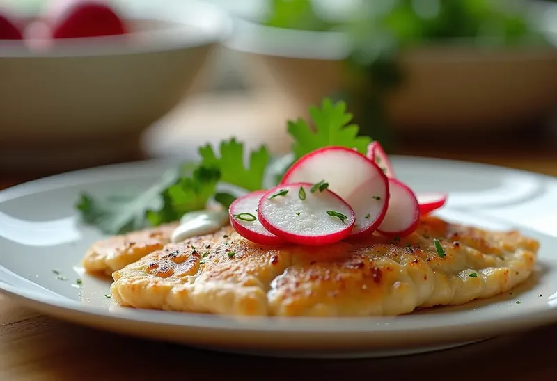 Escalope de volaille tendre aux radis roses croquants et sauce légère