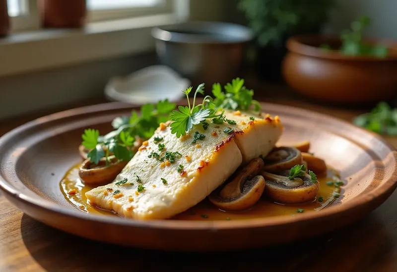 Esturgeon rôti aux girolles et sauce crémeuse aux herbes