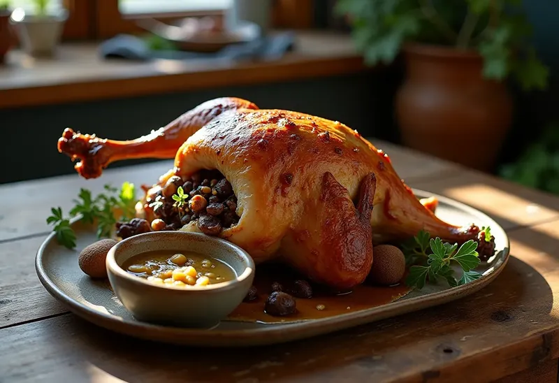 Faisan farci aux cèpes et sa sauce onctueuse au porto et olives vertes