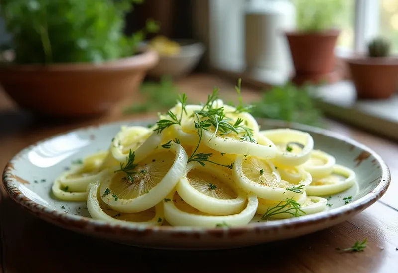 Fenouil croquant à la vinaigrette savoureuse aux anchois