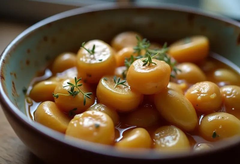 Fèves mijotées à la sarriette et petits oignons fondants
