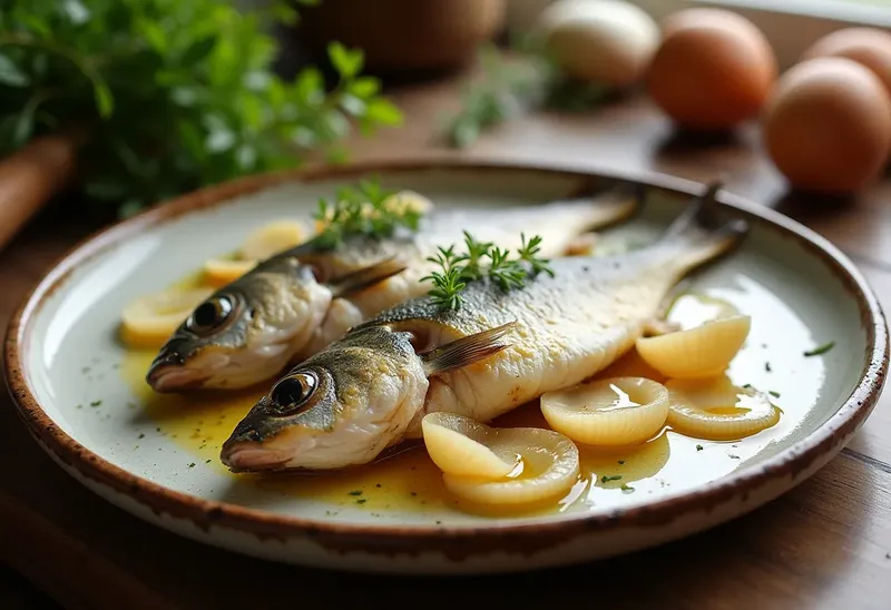 Filets de daurade aux oignons fondants et vin blanc parfumé