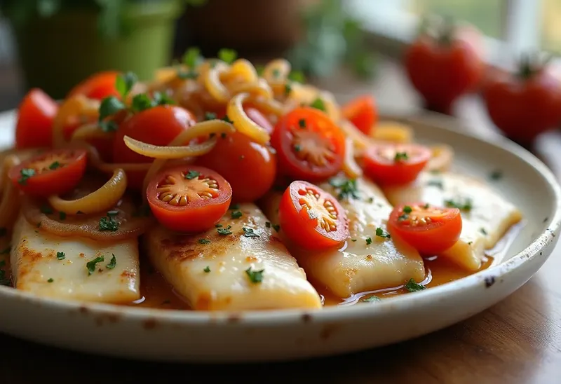 Filets de merlan aux tomates fondantes et oignons caramélisés