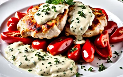 Filets de poulet à la sauce crémeuse ail fines herbes et poivrons - recette facile