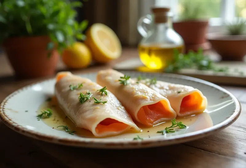 Filets de sole roulés au saumon fumé, sauce citronnée délicate