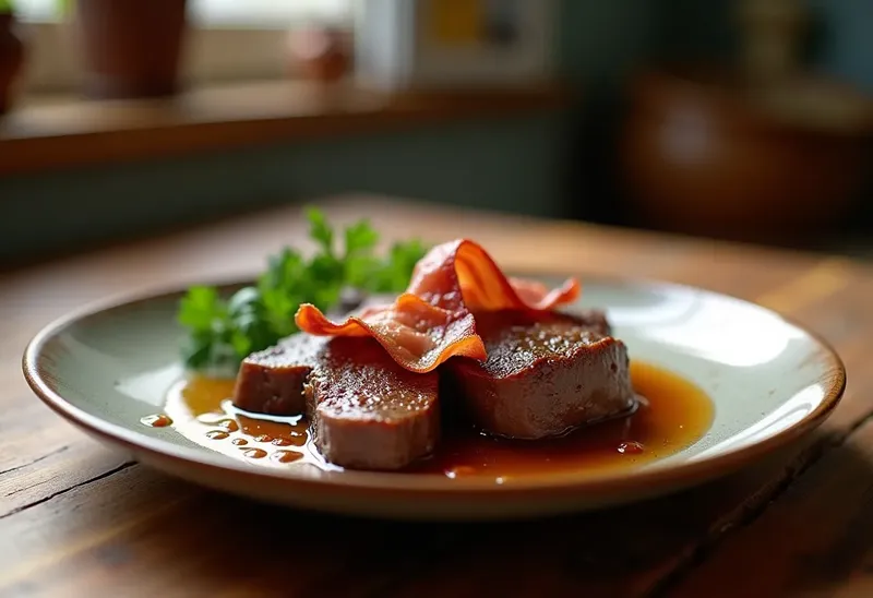 Foie de génisse mijoté au bacon fondant