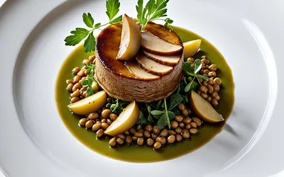 Recette gourmande de foie gras poêlé aux lentilles, pommes et poitrine fumée