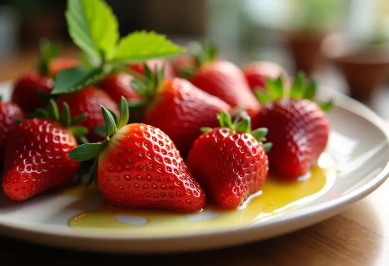 Fraises fraîches à l'huile d'olive et au miel, dessert gourmand