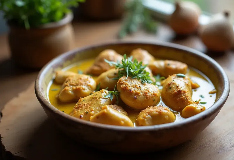 Fricassée de poulet au cumin et sauce moutarde onctueuse