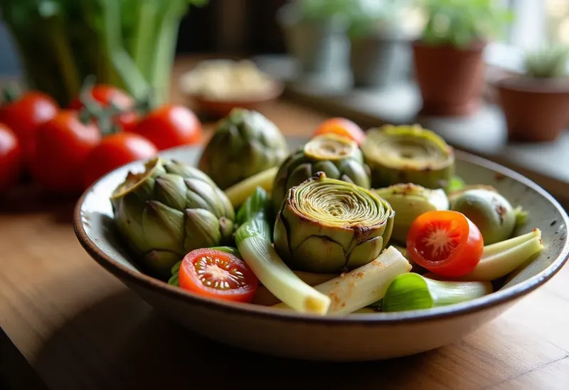 Fricassée savoureuse d'artichauts, poireaux et tomates fraîches