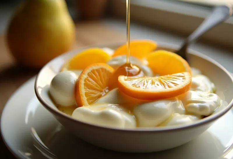 Fromage blanc gourmand aux poires, oranges et miel