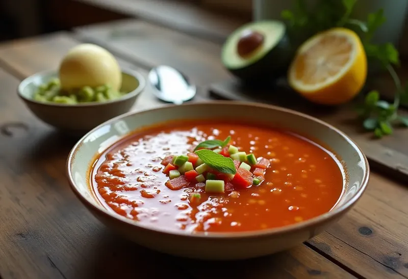 Gaspacho frais au guacamole onctueux et sorbet citron rafraîchissant