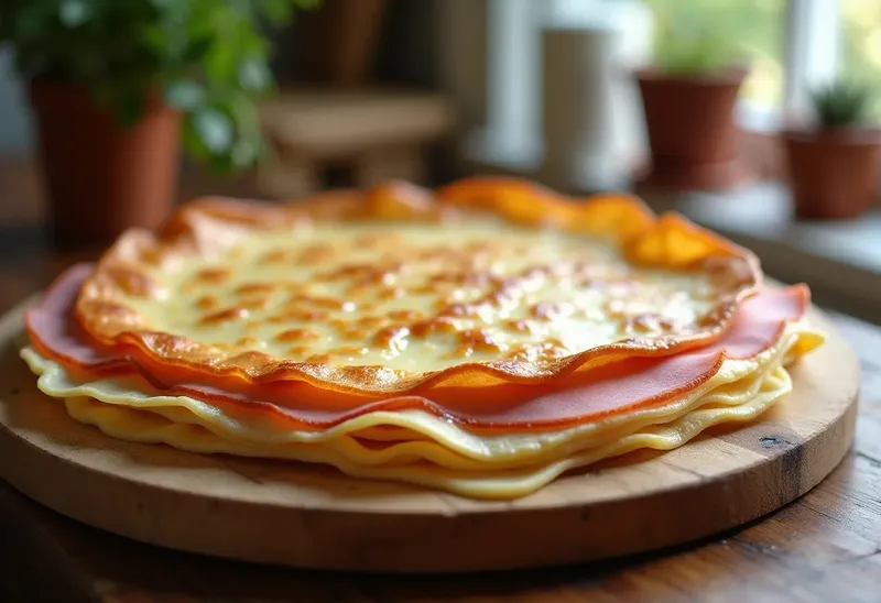 Gâteau de crêpes au jambon et fromage fondant