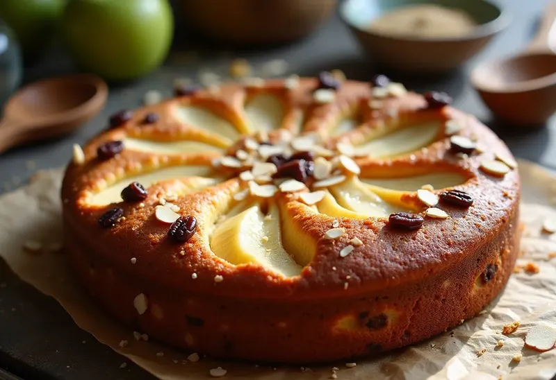 Gâteau Fondant aux Pommes, Raisins Secs, Amandes et Calvados