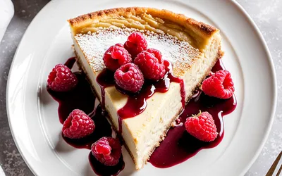 Recette facile de gâteau moelleux au fromage blanc avec coulis de framboises frais