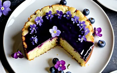 Recette facile de gâteau au yaourt moelleux sur coulis de bleuets et violettes