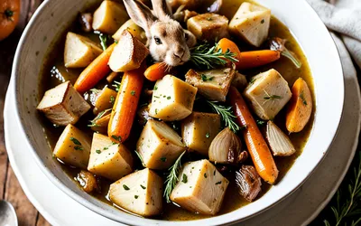 Gibelotte de lapin mijotée aux herbes avec croûtons dorés - Recette traditionnelle facile