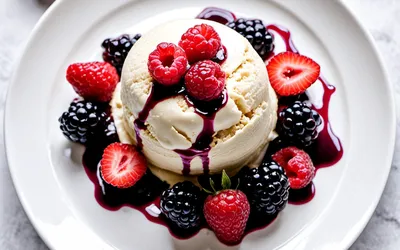 Image de la recette Glace onctueuse au mascarpone sur coulis de fruits rouges maison