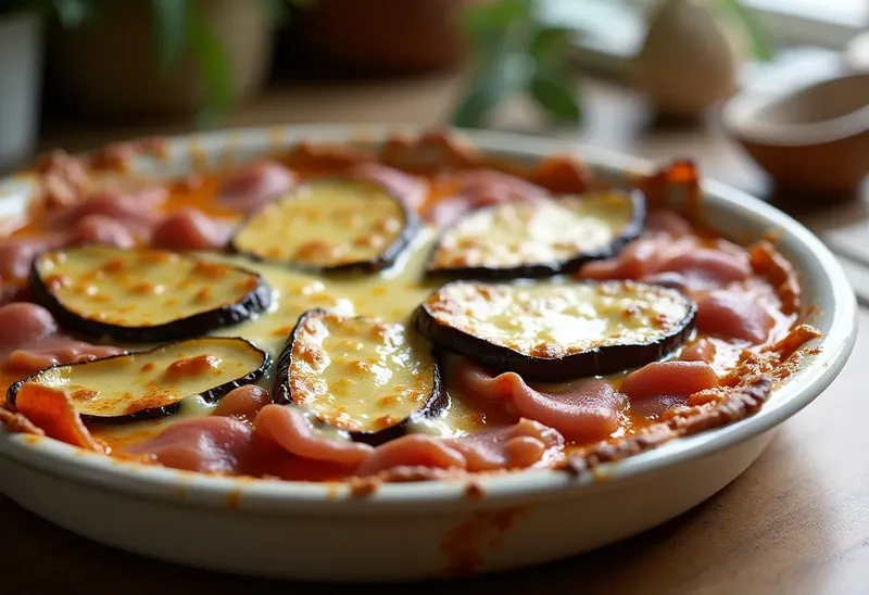 Gratin d'aubergine au jambon fondant et fromage gratiné