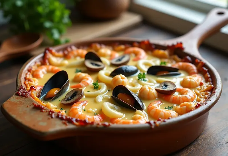 Gratin de fruits de mer aux champignons crémeux