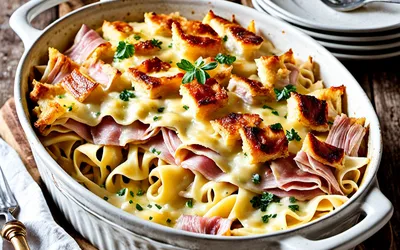 Gratin de tagliatelles au jambon et fromage fondant - recette facile et gourmande