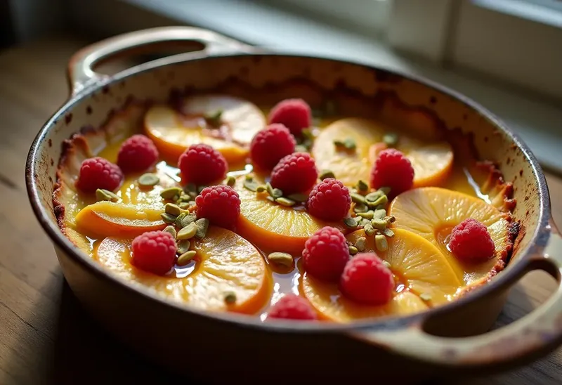Gratin gourmand de pêches et framboises à la pistache