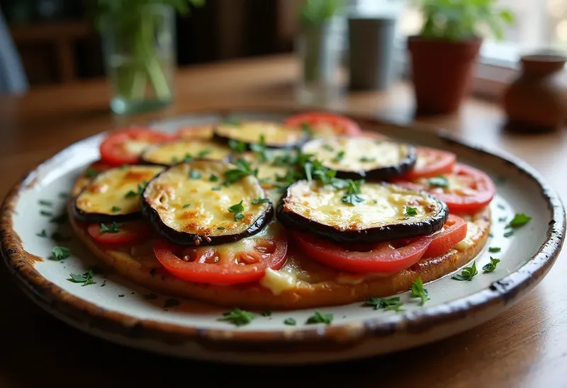 Gratin savoureux d'aubergines, tomates et oignons pour une personne