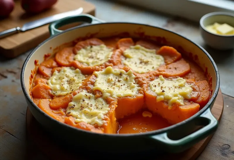 Gratin savoureux de patates douces et bananes plantain