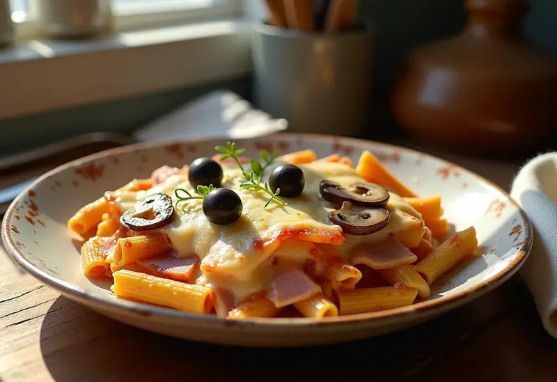 Gratin savoureux de pâtes au jambon, olives et champignons
