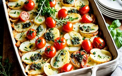 Gratin savoureux de pommes de terre, tomates et oignons facile à préparer