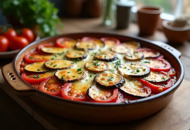 Gratin savoureux de tomates et aubergines fondantes