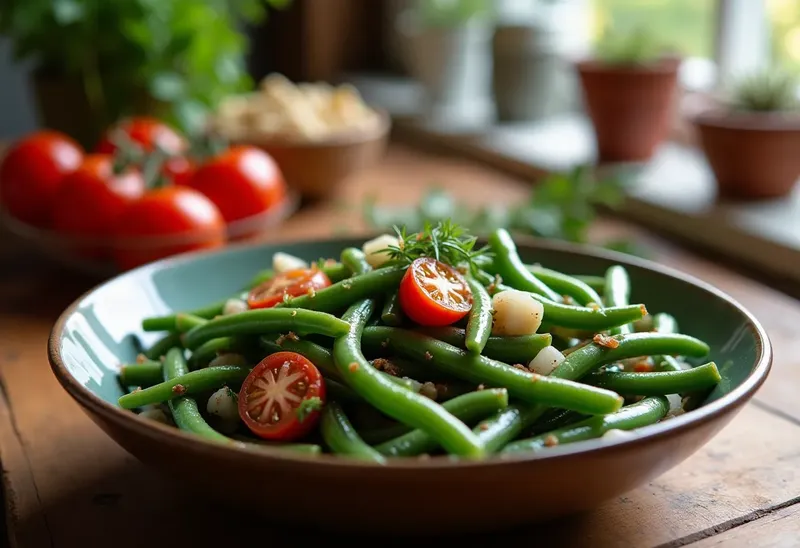 Haricots verts mijotés à la tomate fraîche et aux herbes