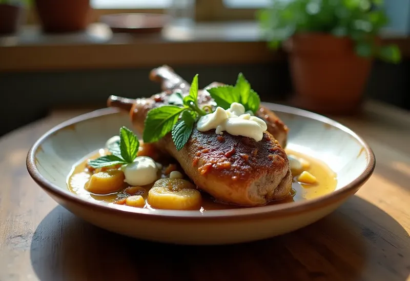 Lapin mijoté au fromage de chèvre frais et à la menthe parfumée