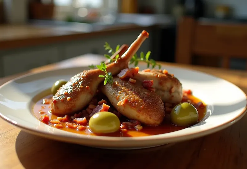 Lapin mijoté aux lardons et olives vertes savoureuses