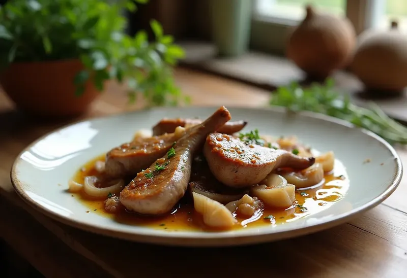 Lapin mijoté aux oignons et sauce au vermouth : recette savoureuse et facile