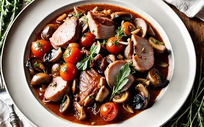 Photo de Recette facile de lapin mijoté aux tomates, champignons et lardons