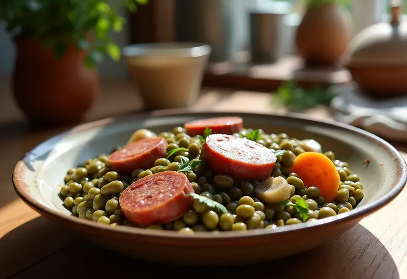 Lentilles vertes mijotées aux saucisses de Morteau, recette traditionnelle savoureuse