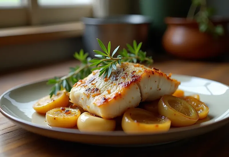 Lotte rôtie au fenouil fondant et échalotes caramélisées