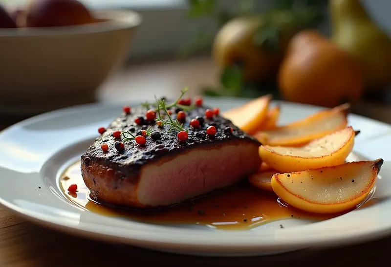 Magret de Canard Chocolaté Pimenté aux Poires Caramélisées : Délice Épicé et Gourmand