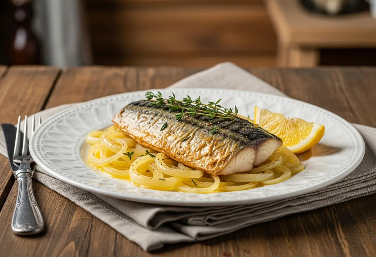 Maquereaux au Four sur Lit d'Oignons Fondants