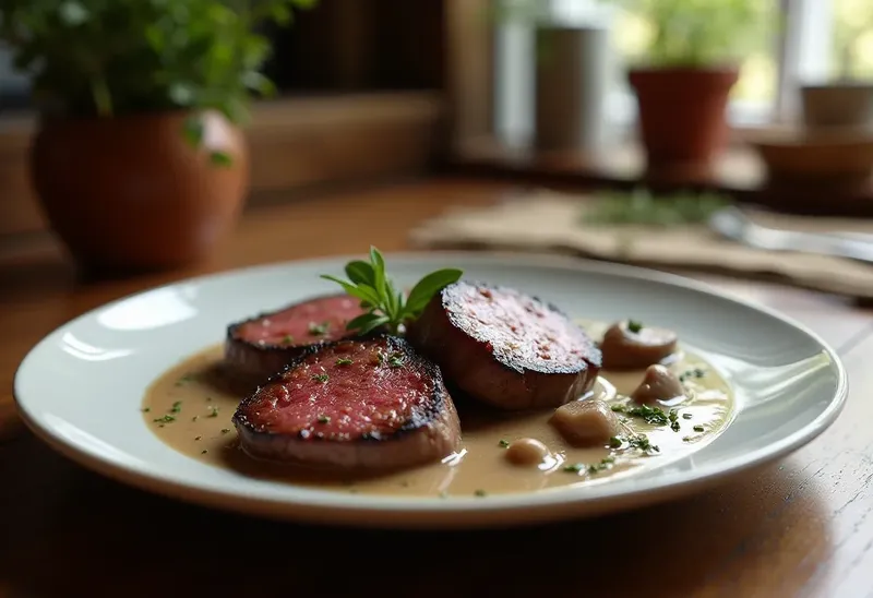 Médaillons de cerf flambés au cognac, sauce aux champignons