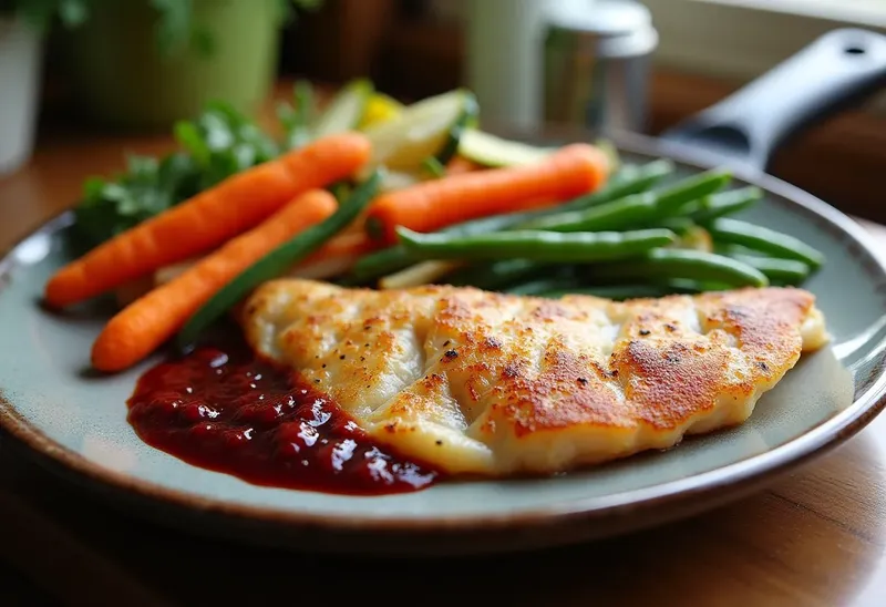 Merlan poêlé à la sauce au porto et légumes croquants