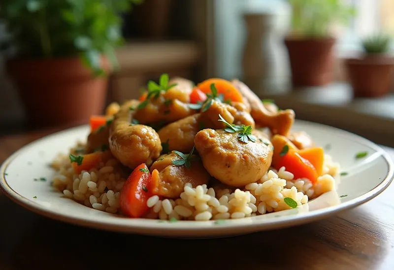 Mijoté de poulet savoureux au riz et légumes colorés