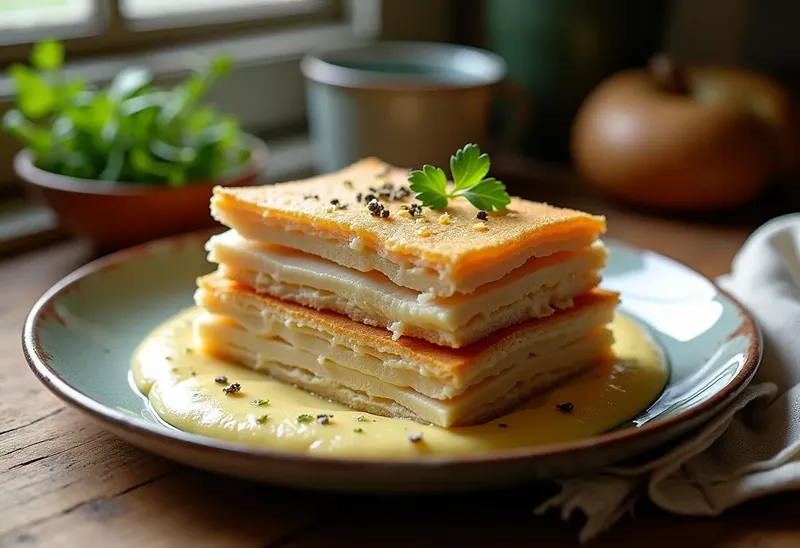 Millefeuilles de truite fumée et fondue de poireaux onctueuse