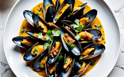 Photo de Recette facile de moules au curry et lardons, plat savoureux et épicé