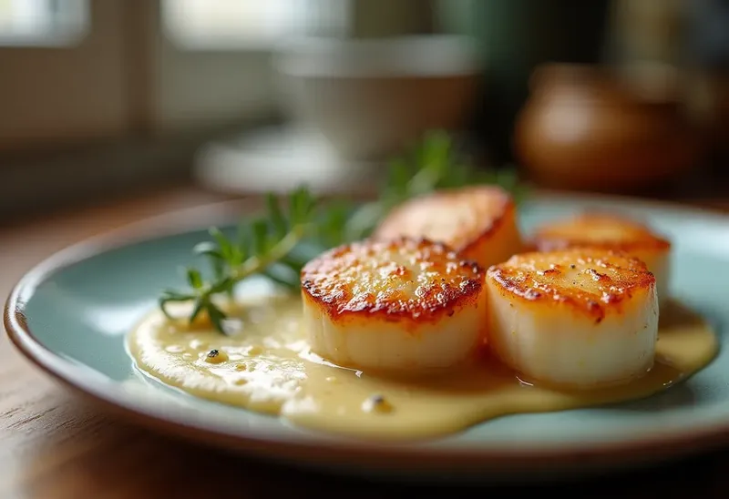 Noix de Saint-Jacques flambées au pastis, sauce crémeuse à l'ail
