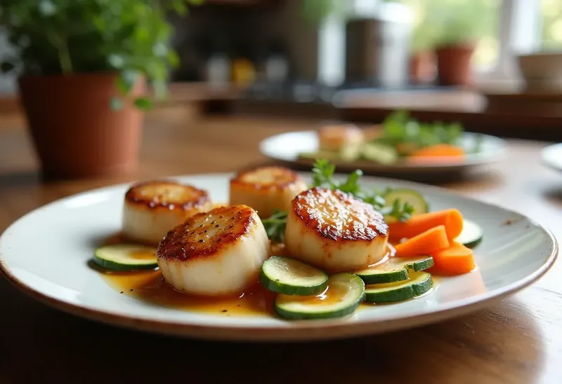 Noix de Saint-Jacques poêlées au Muscadet, sauce légère et légumes croquants