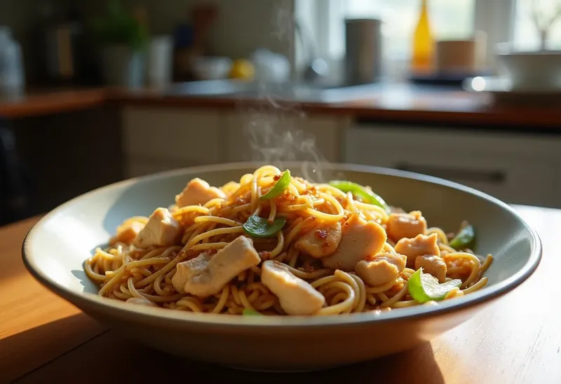 Nouilles chinoises sautées au poulet et gingembre frais