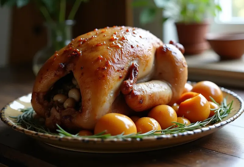 Oie rôtie farcie aux boudins blancs et pommes caramélisées